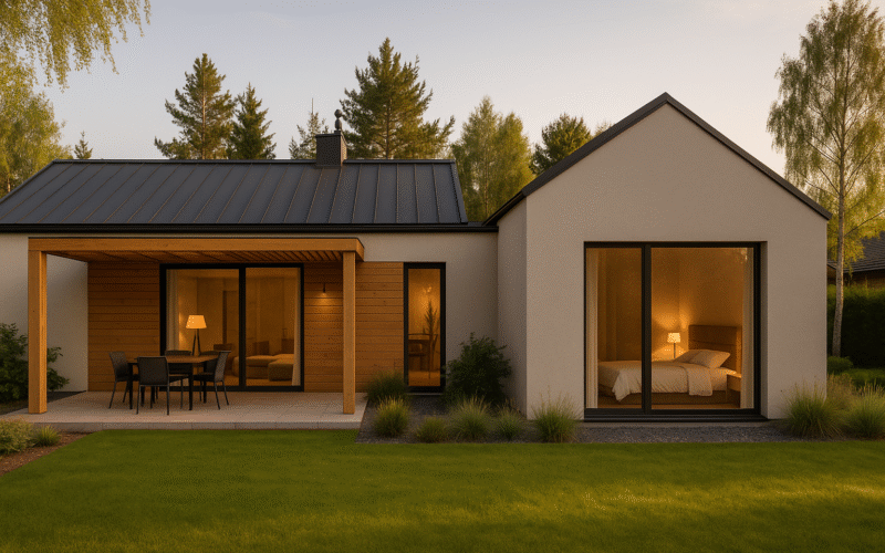 Współczesny, przytulny dom parterowy z wydzieloną sypialnią główną od ogrodu